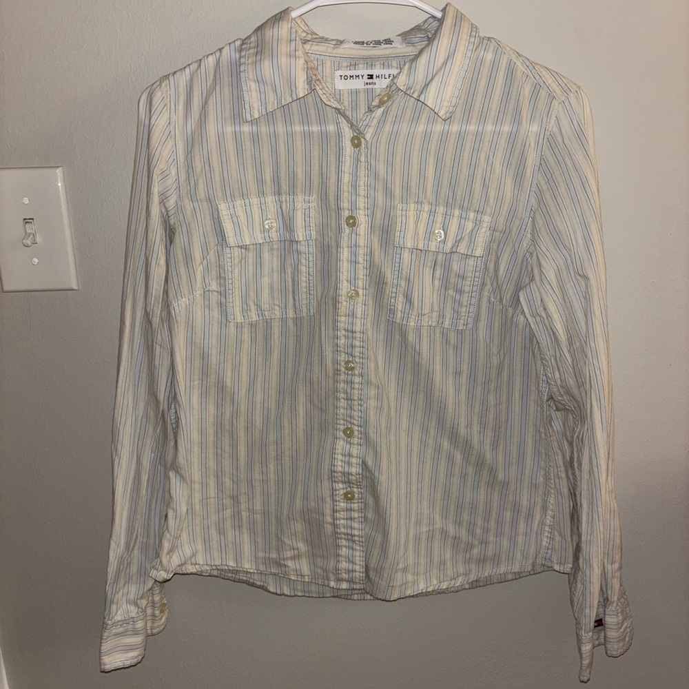 Tommy Hilfiger Women's Cream and Blue Striped Shirt